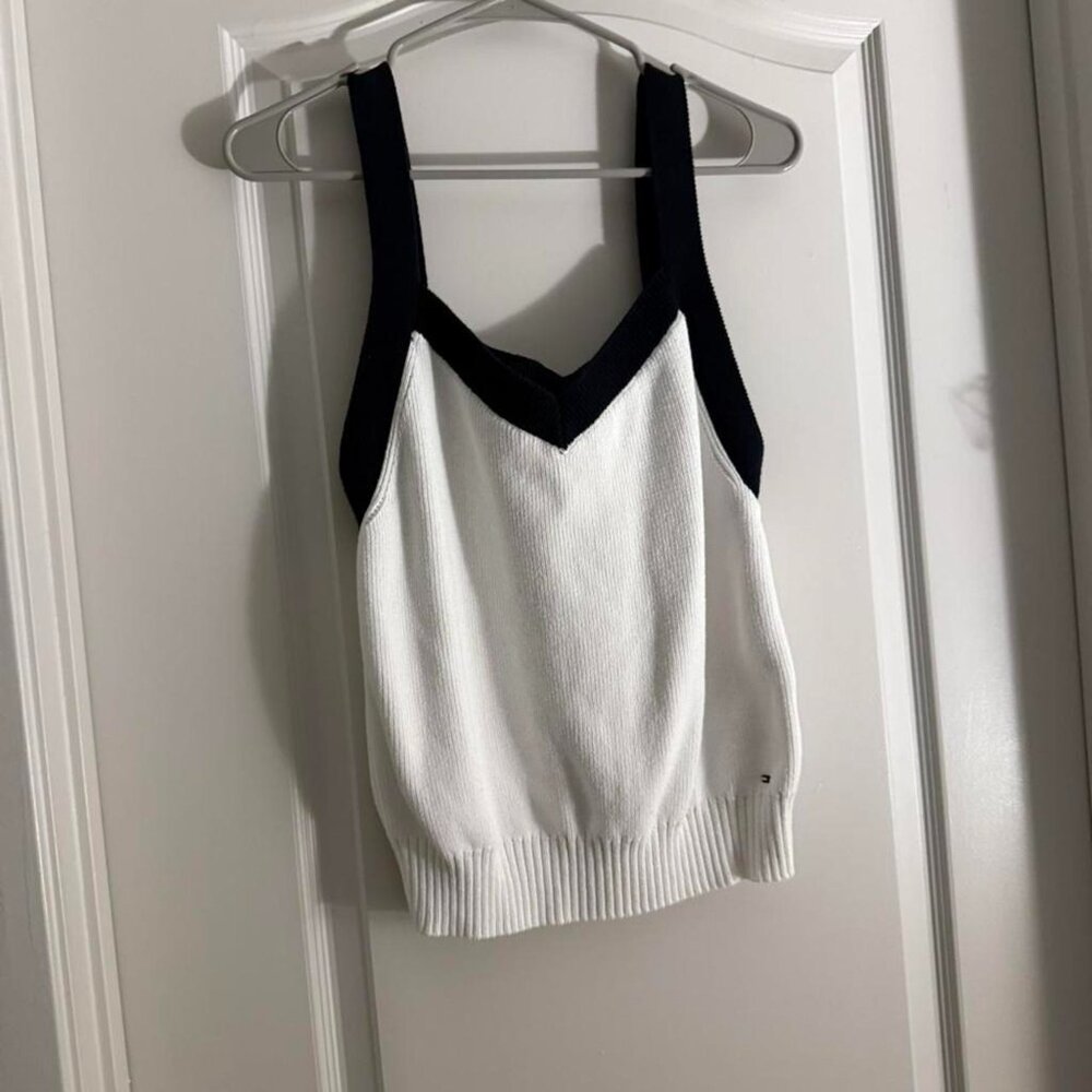 Tommy Hilfiger Knit Tank Top L White Black Contrast Trim Sleeveless Sweater Top